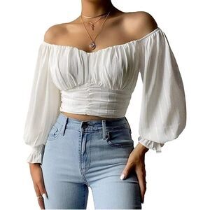 NEW Off The Shoulder Puff Sleeve Blouse Chiffon Crop Top XL